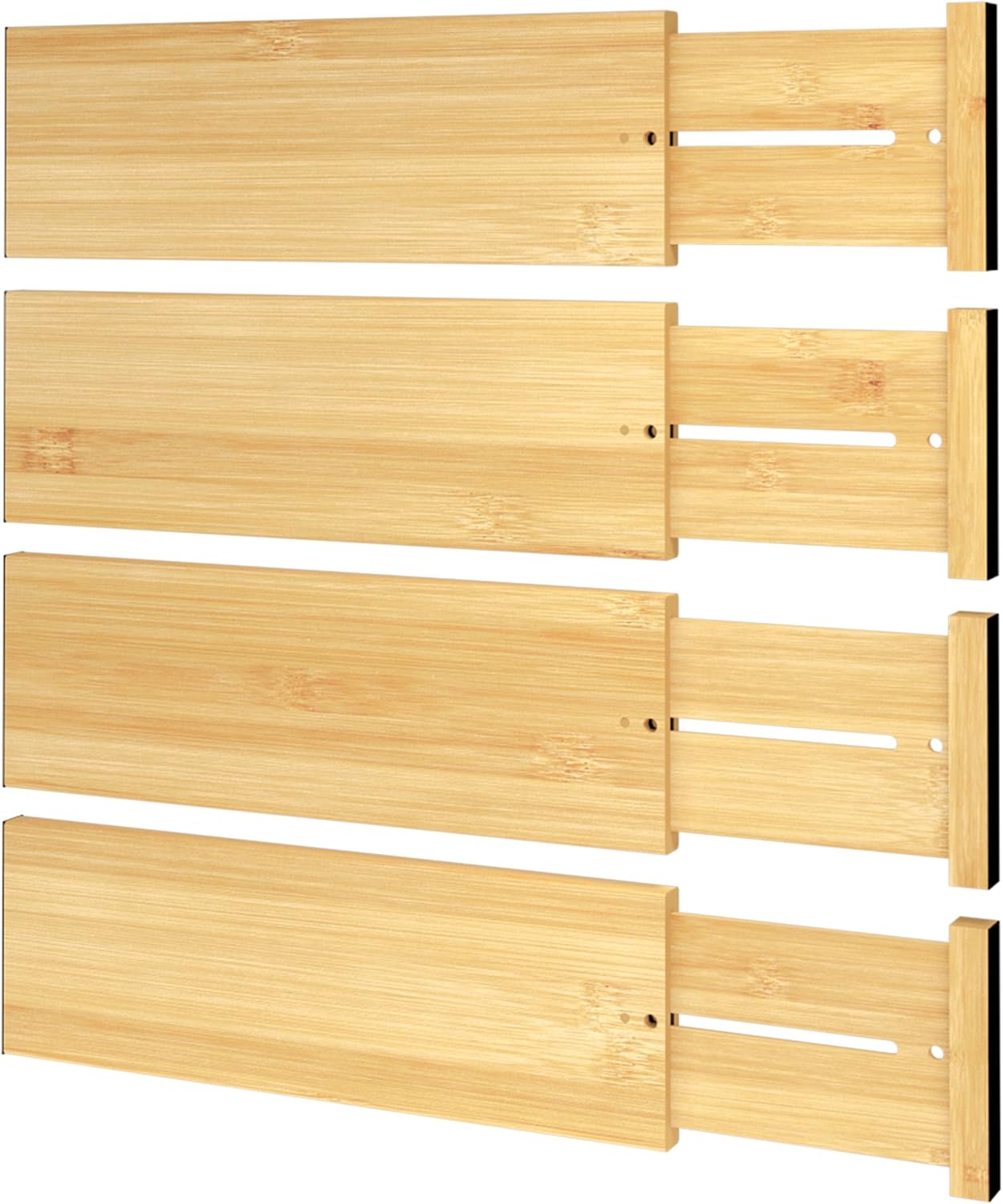 BAMEOS 4 PCS Bamboo Drawer Divider Adjustable Drawer Dividers Kitchen Drawer Organization Utensil