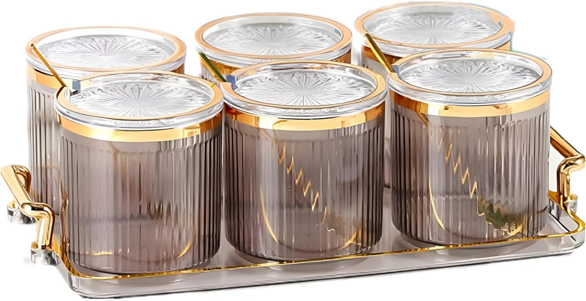 Acrylic Condiment Spice Jars,Condiment Spice Box With Lids and Spoons and Tray,Clear Plastic