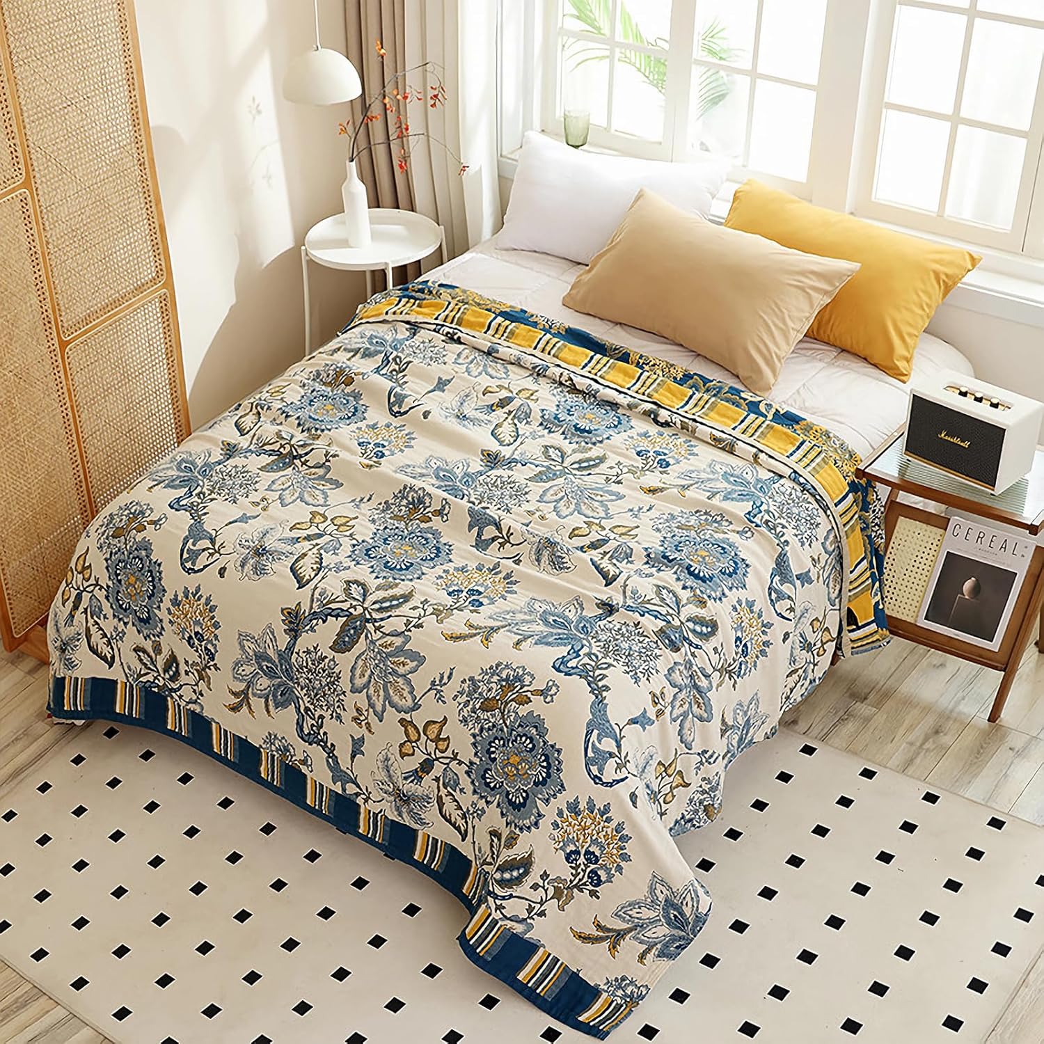 Snycler Boho Throw Blanket for Bed - 100% Cotton Ultra Soft Rustic Quilt - White Blue Floral