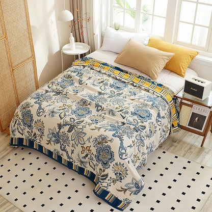 Snycler Boho Throw Blanket for Bed - 100% Cotton Ultra Soft Rustic Quilt - White Blue Floral