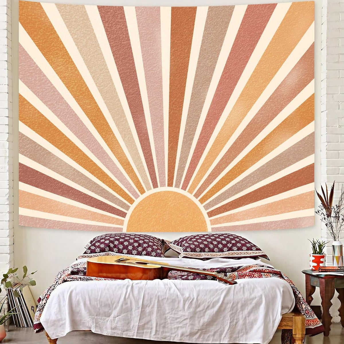Kanuyee Retro Burning Sun Tapestry Wall Hanging, Vintage 70s Abstract Geometric Sunrise Tapestries