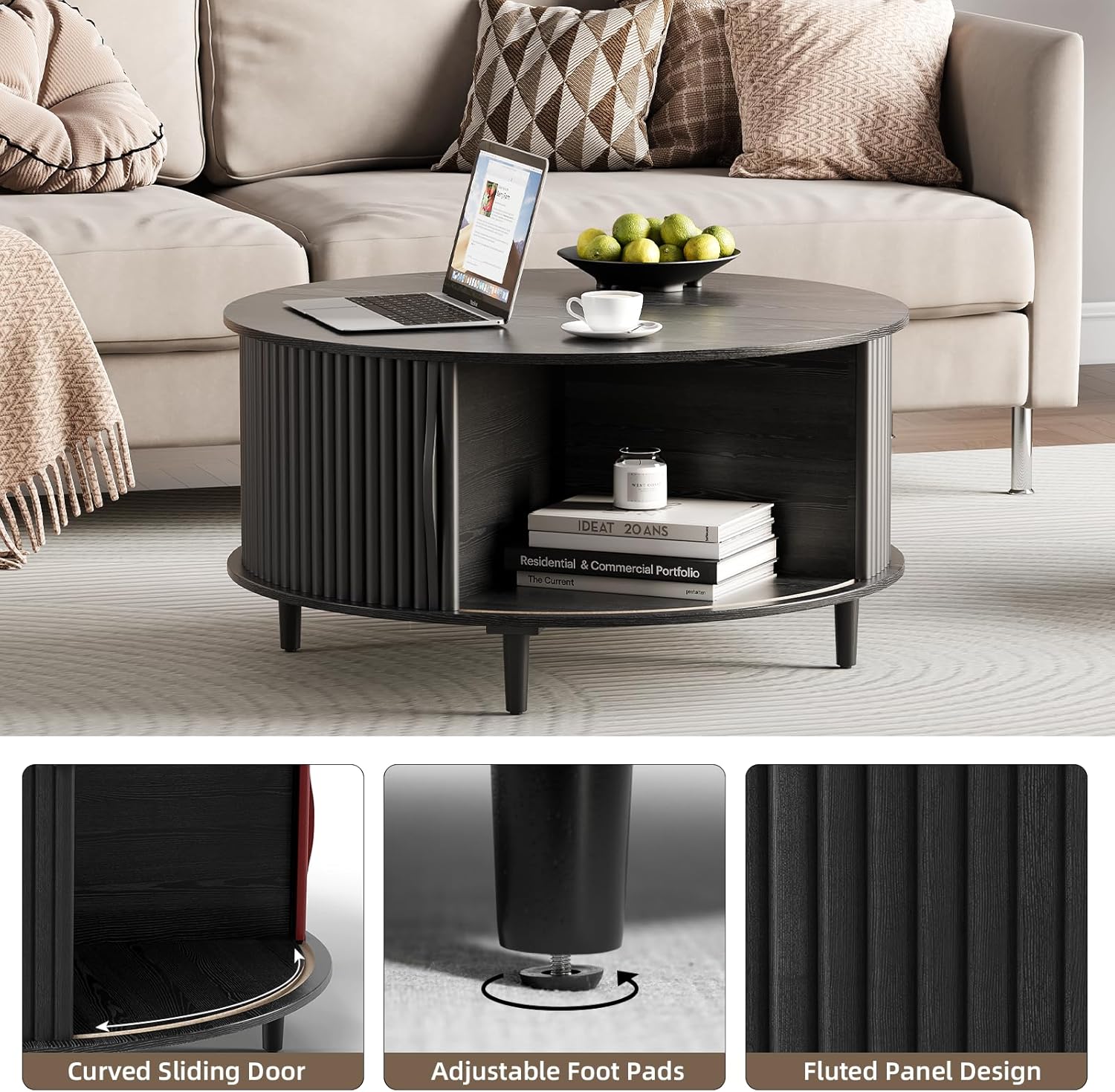 Round Coffee Table with Storage,Mid Century Modern Dining Table with Sliding Cabinet Door for