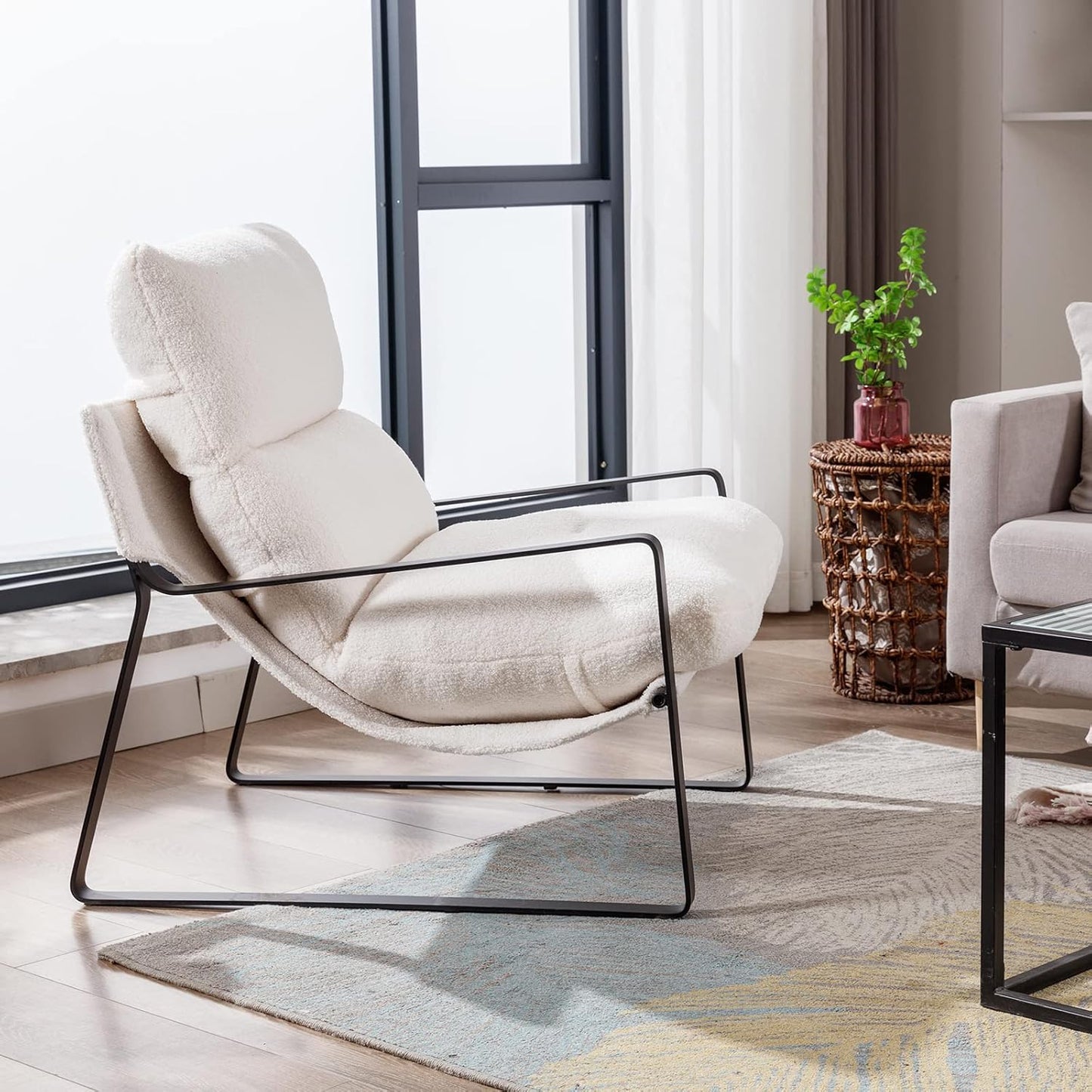 DUOMAY Modern White Sherpa Accent Chair Set of 2, Comfy Lounge Lazy Chair with Metal Leg