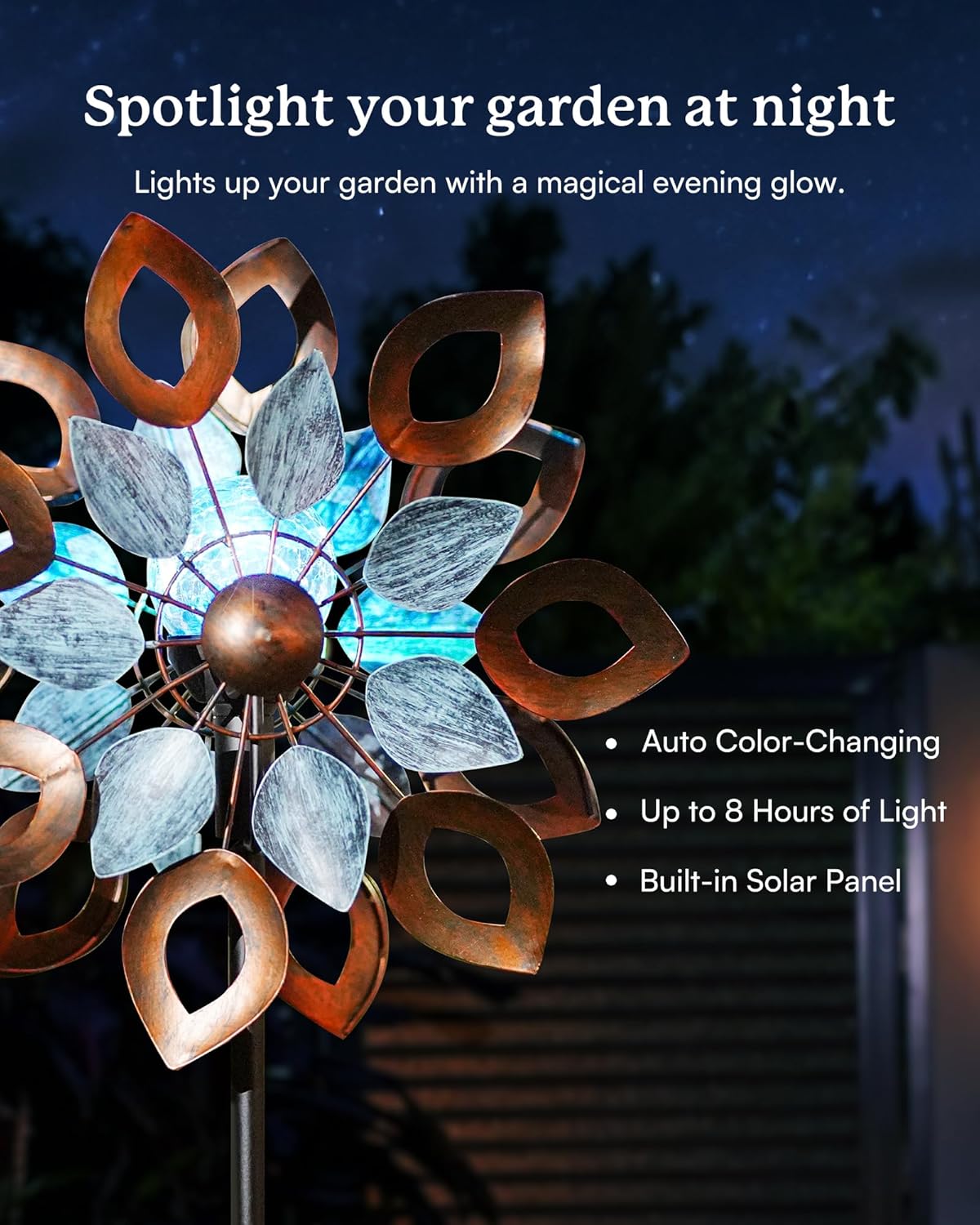 Copper Wind Spinners Outdoor 74 Inches with Solar LED Light, Kinetic Dual Wind Sculptures &