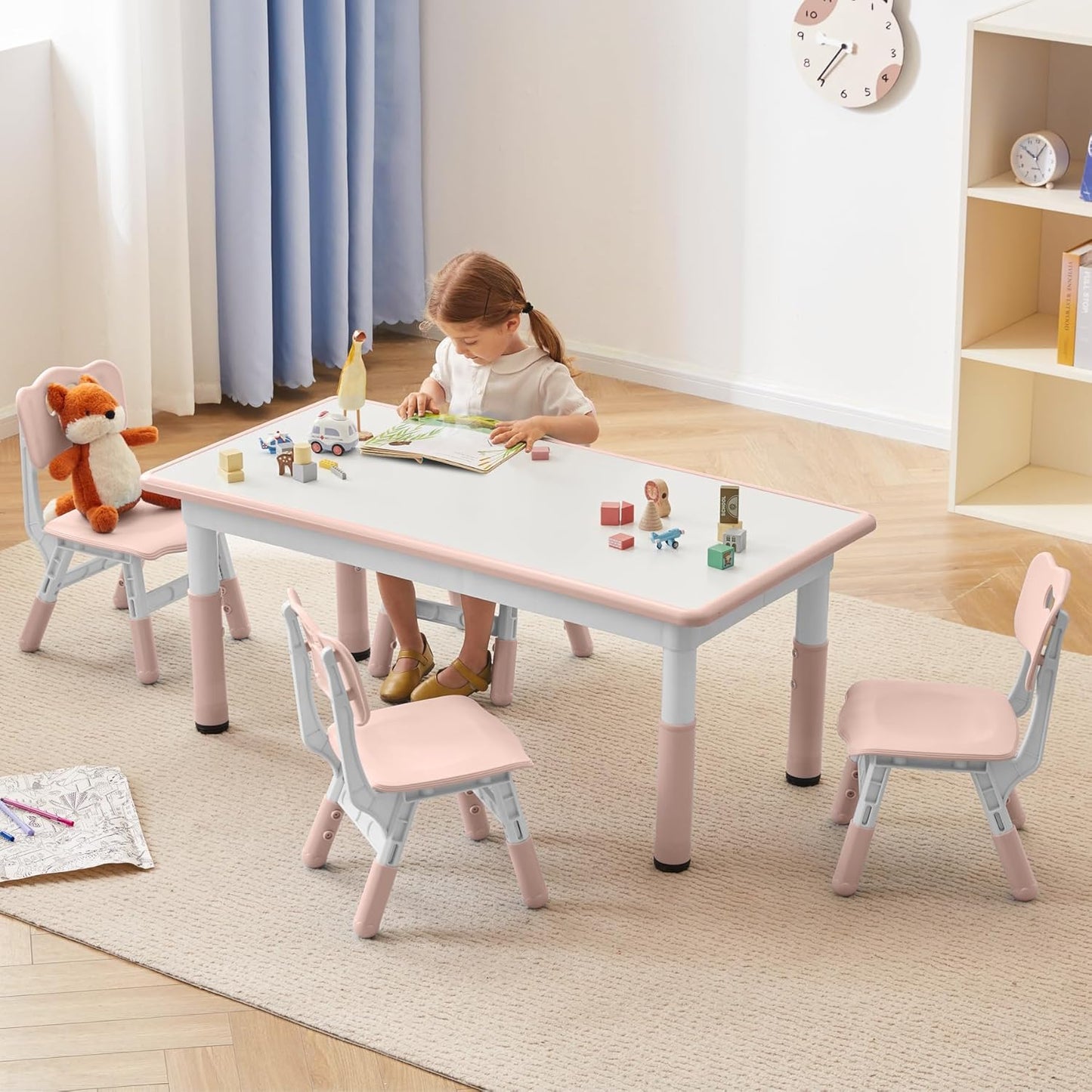 Kids Study Table and Chairs Set, Height Adjustable Toddler Table and Chair Set for Kids Ages 3-8