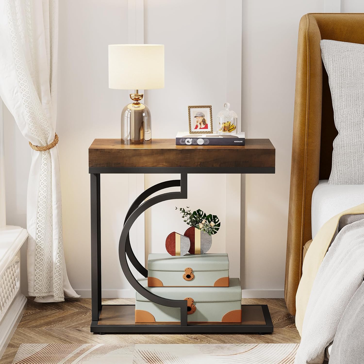 Tribesigns Narrow Side Table Brown Black C Shaped End Table Modern Bedside Tables for Couch, Small