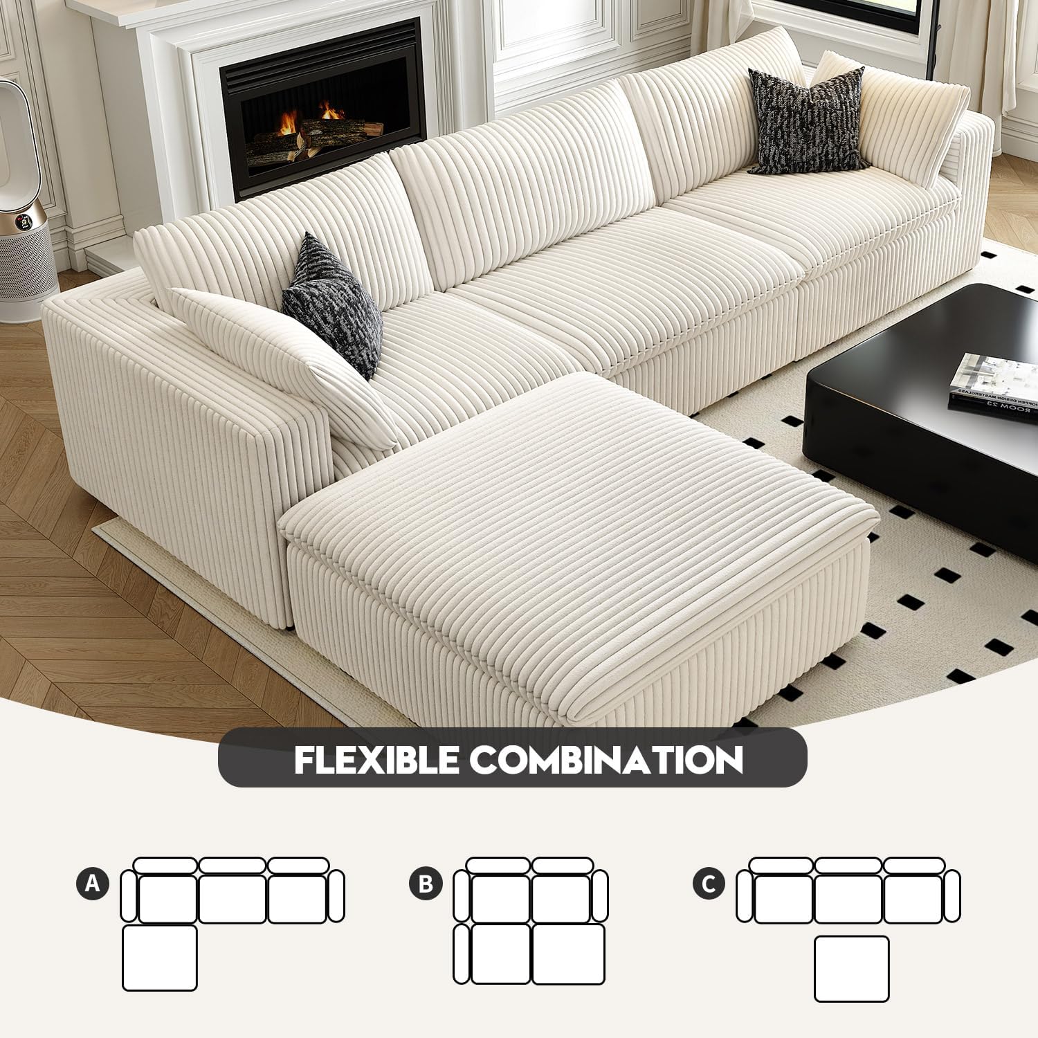 118" Cloud Couch Modular Sectional Sofa for Living Room,Modern Sofa with Deep Seat，L-Shape Boneless