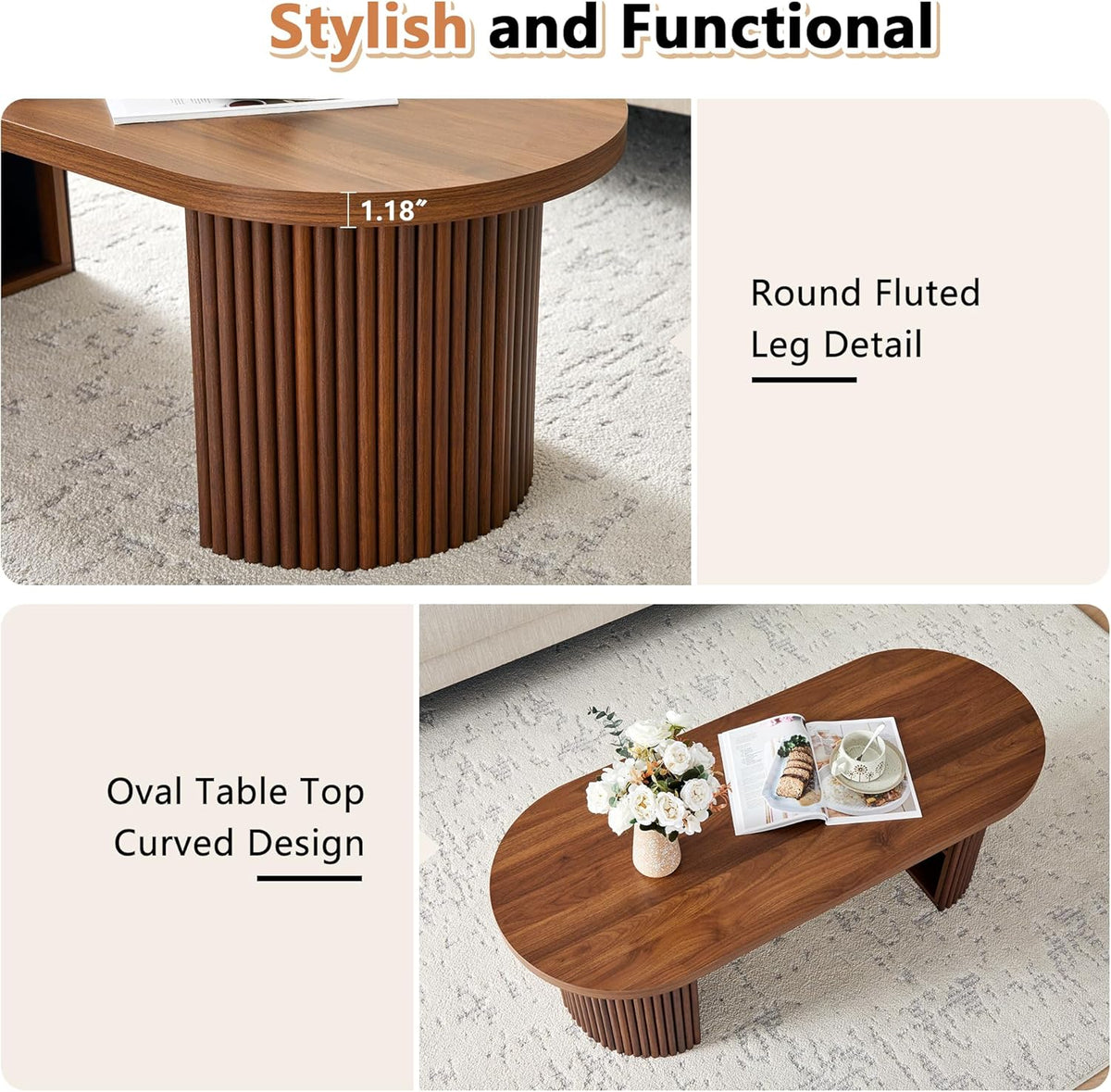 Oval Fluted Coffee Table, 47" Farmhouse Wood Coffee Table Mid Century Modern Center Table Boho