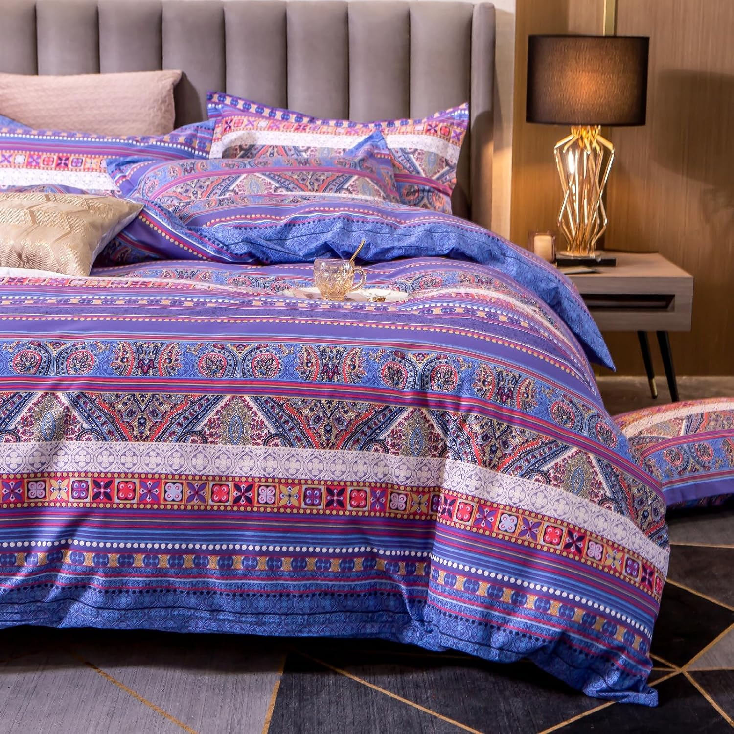 ABREEZE Bohemian Vintage Full Size Floral Cotton Bedding Set 3Pcs Duvet Cover Set Boho Purple
