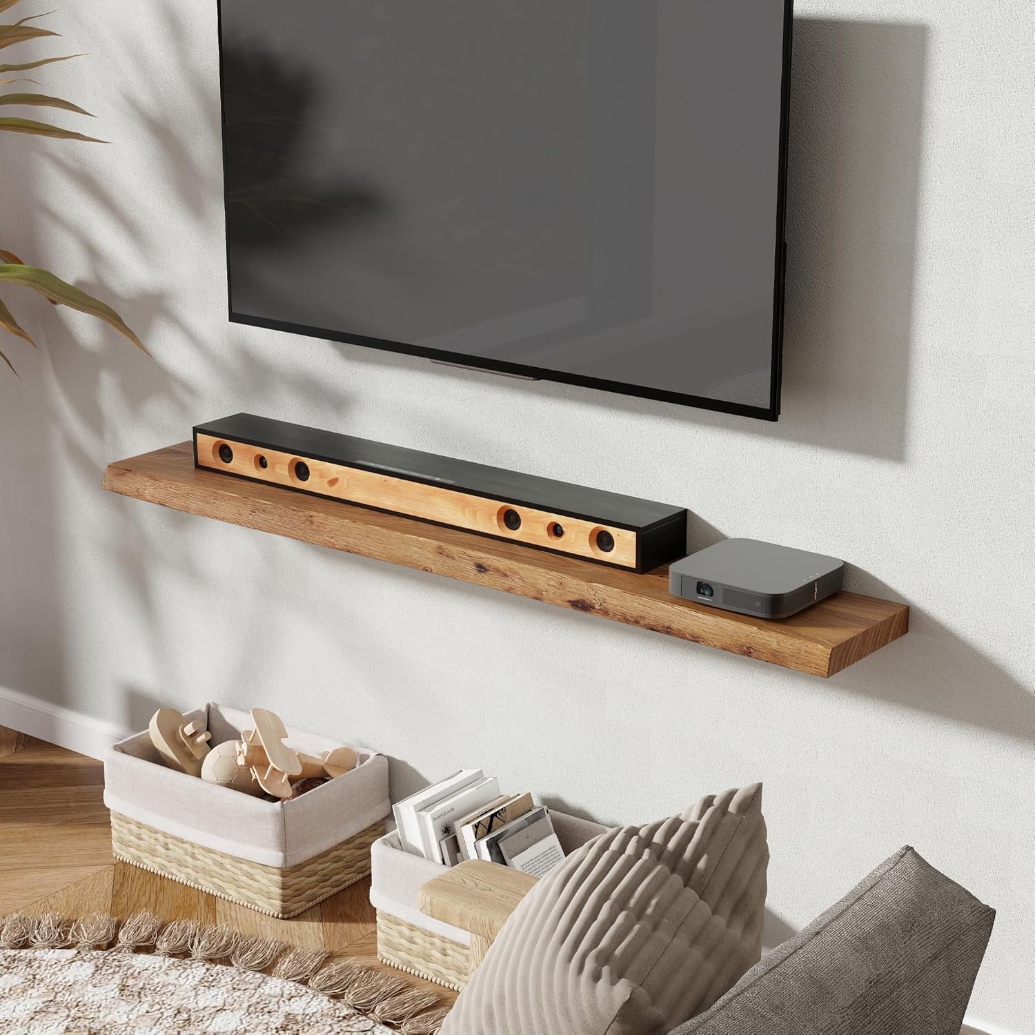 55" Floating Shelves, Live Edge Elm Wood Floating Shelf for Wall, Wall-Mounted Display Shelves with