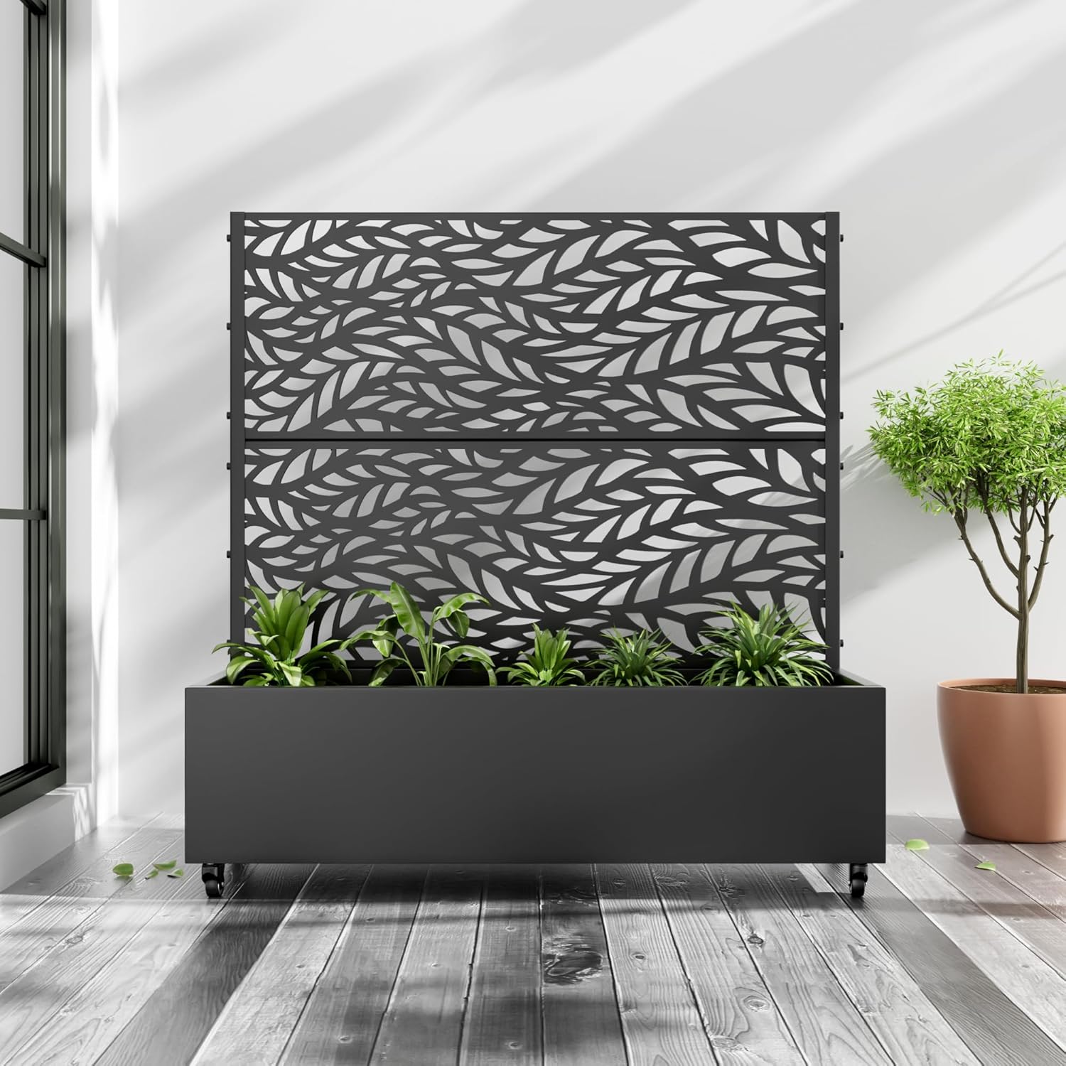 Casaphoria Metal Raised Garden Bed with Trellis and Wheels, 47"x47"x16" Planter Box for Climbing
