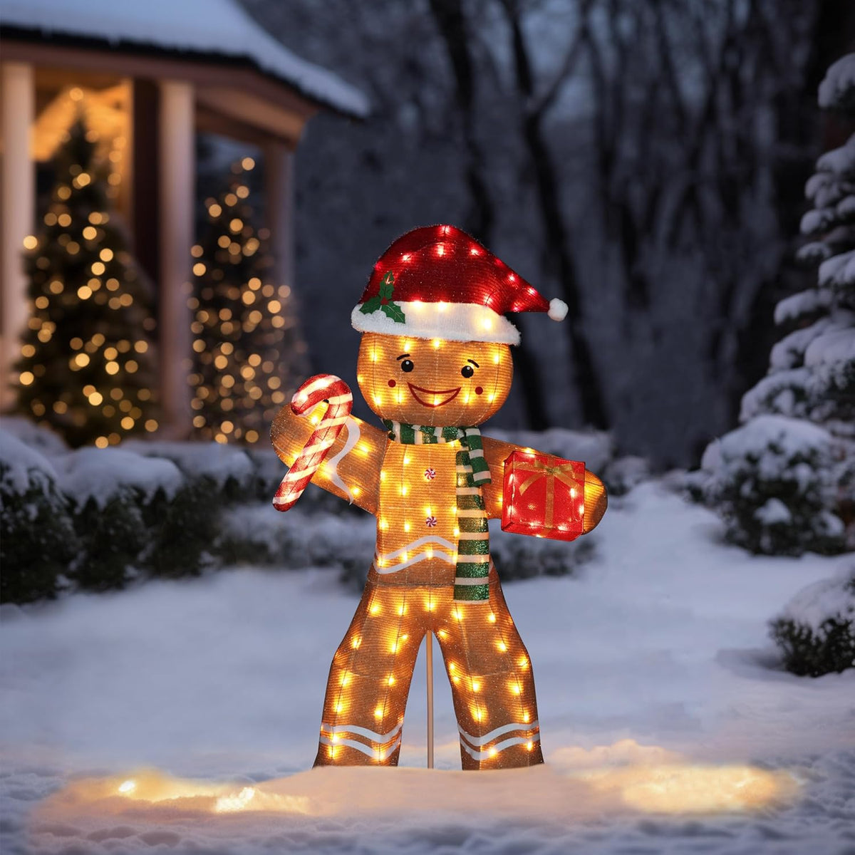 5FT Gingerbread Man with Candy Cane and Gift Box Decoration, 2.5D Pre-Lit Gingerbread Man Decor