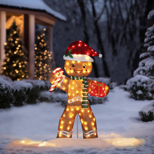 5FT Gingerbread Man with Candy Cane and Gift Box Decoration, 2.5D Pre-Lit Gingerbread Man Decor
