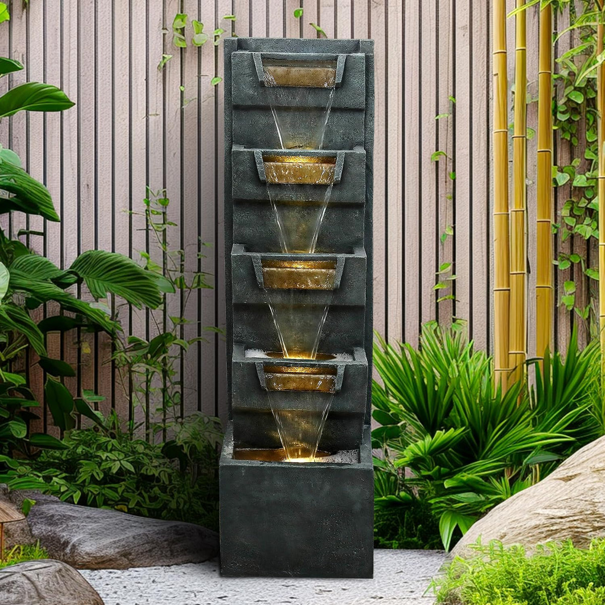 SunJet 4-Tiers Modern Cascading Indoor/Outdoor Fountains and Waterfalls with LED Lights - 39.3"