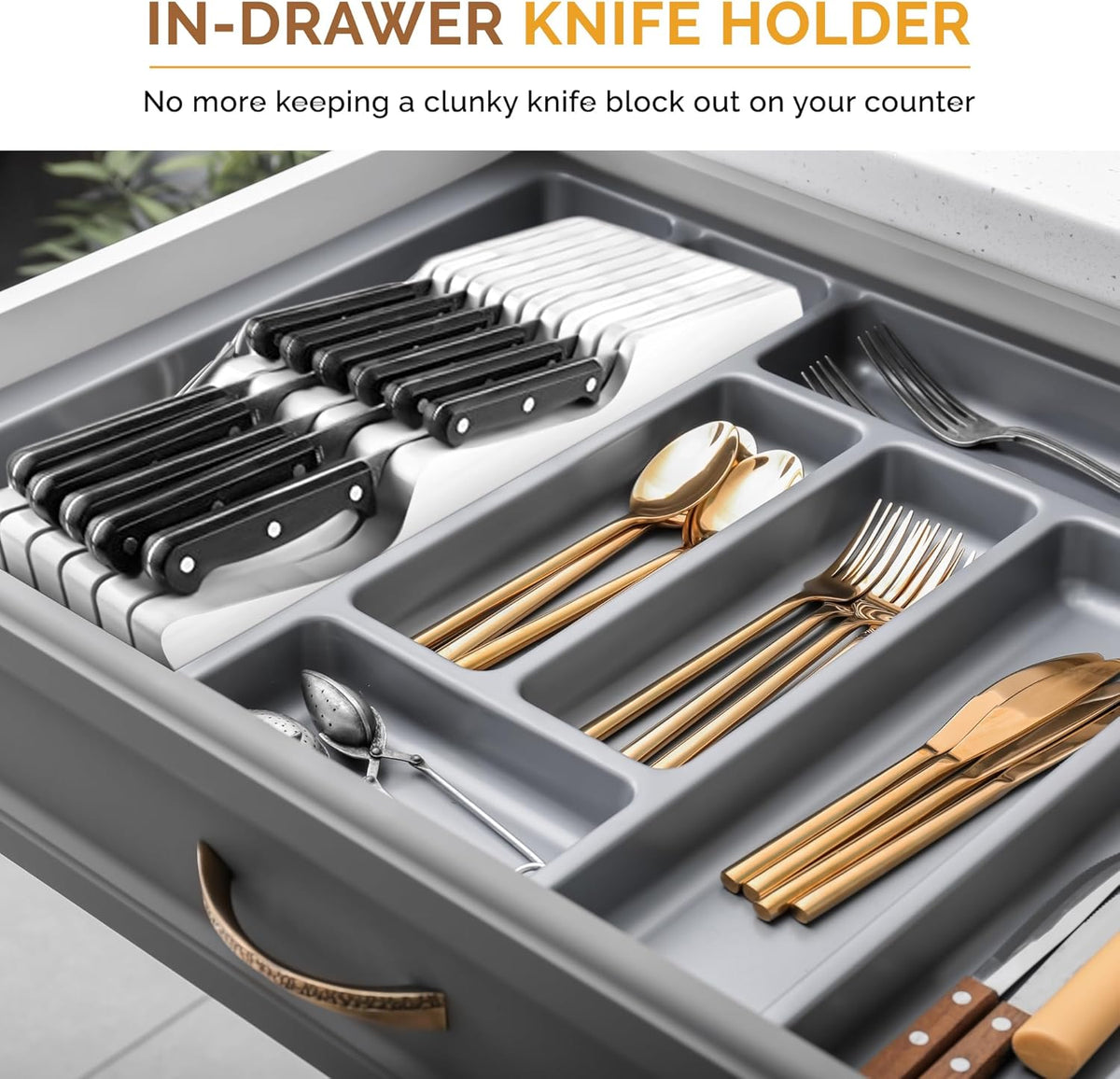 In-Drawer Knife Block Organizer - Bamboo Wood Drawer Knife Organizer - Holds 5 Long + 6 Short