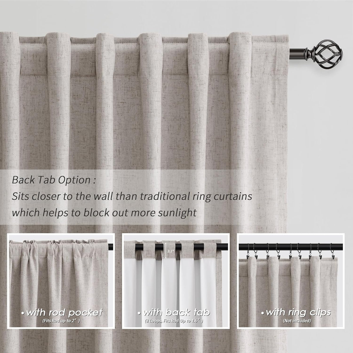 BOODII 108 Inch Black Out Curtains 2 Panels Set Back Tab Thermal Insulated Natural Linen Textured