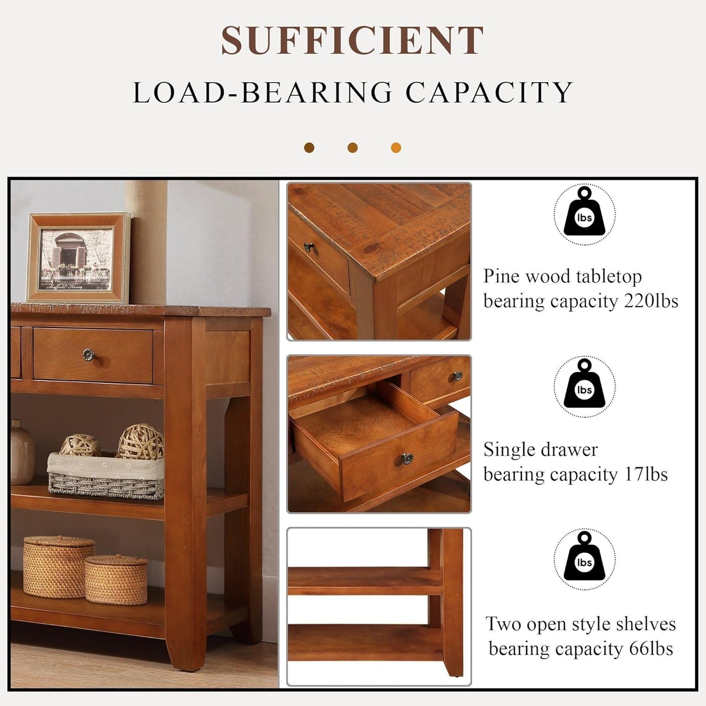 Solid Wood Console Table Entryway Table with Storage Drawers and Bottom Shelf Sofa Table for Entry