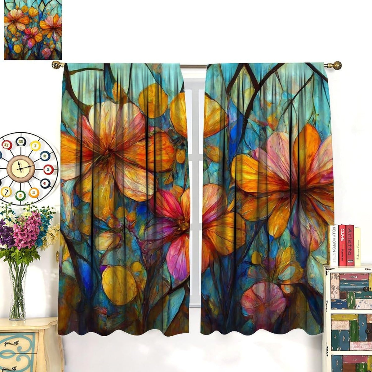 Stained Glass Curtains,Magic Forest Colorful Flowers Abstract Art Home Decor Drapes for Bedroom