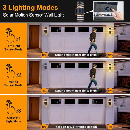 2 Pack Solar Outdoor Wall Lights with Motion Sensor 3-Mode Motion Outdoor Sconces 3000K 500LM Dusk