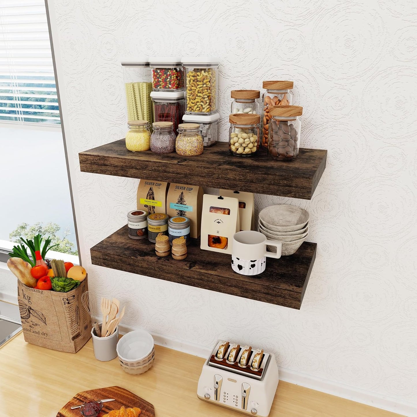 12 Inch Deep Floating Shelves, 24 x 12 Floating Shelf for Books, Rustic Wood Deep Wall Shelves for