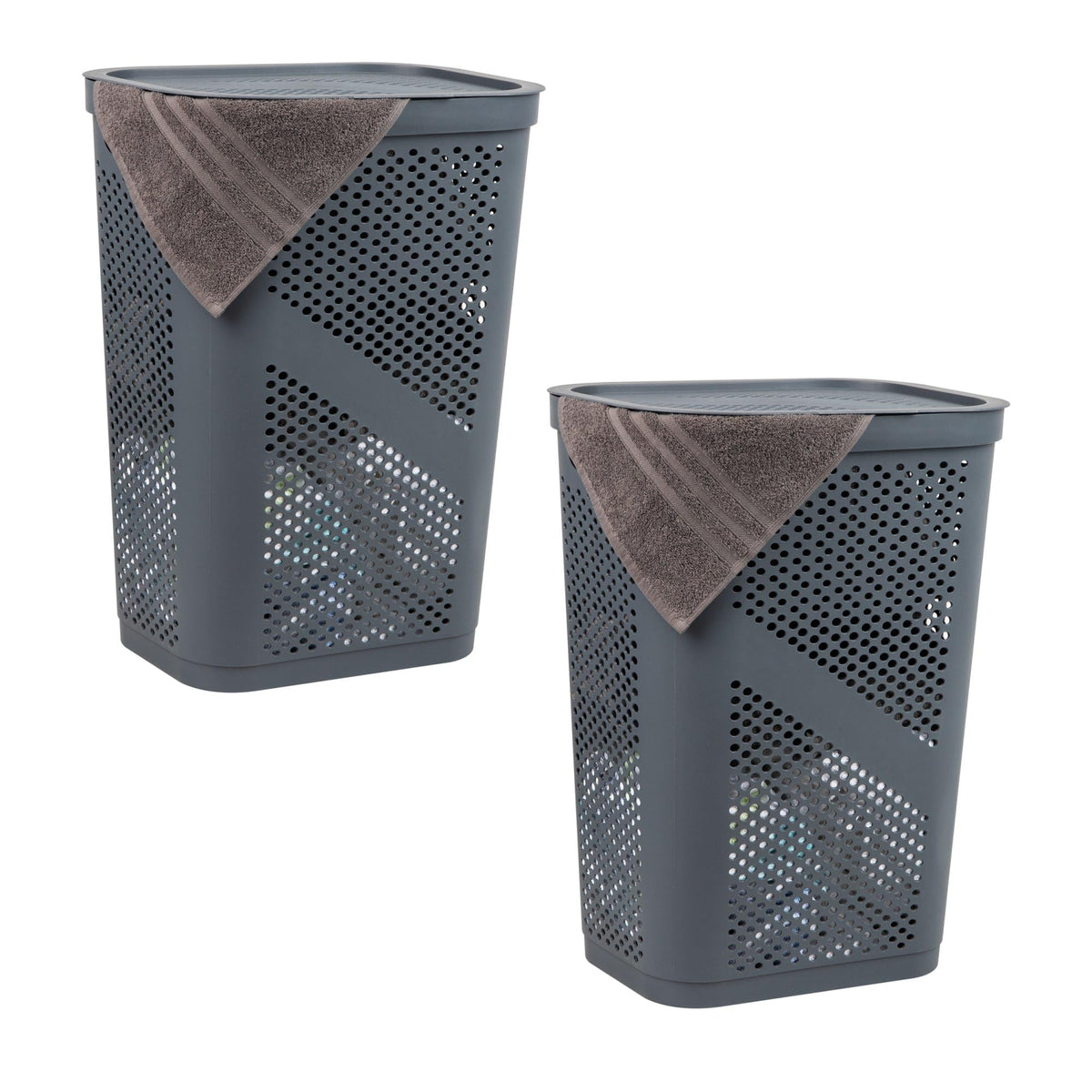 Mind Reader 60L Slim Laundry Hamper, Clothes Basket, Lid, Ventilated, Plastic, Set of 2, Gray