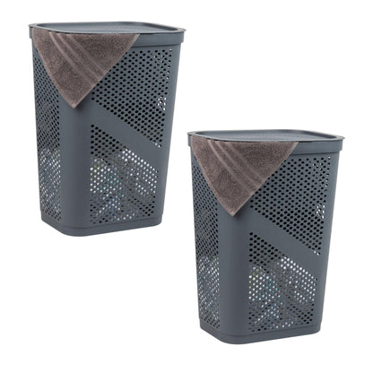 Mind Reader 60L Slim Laundry Hamper, Clothes Basket, Lid, Ventilated, Plastic, Set of 2, Gray