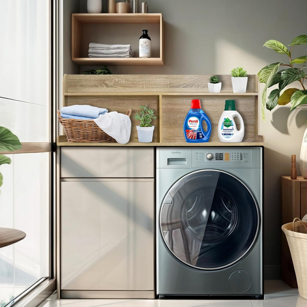 Royxen 2-Tier Washer Dryer Countertop,19.5"H Wood Washer and Dryer Topper with Shelf,Laundry