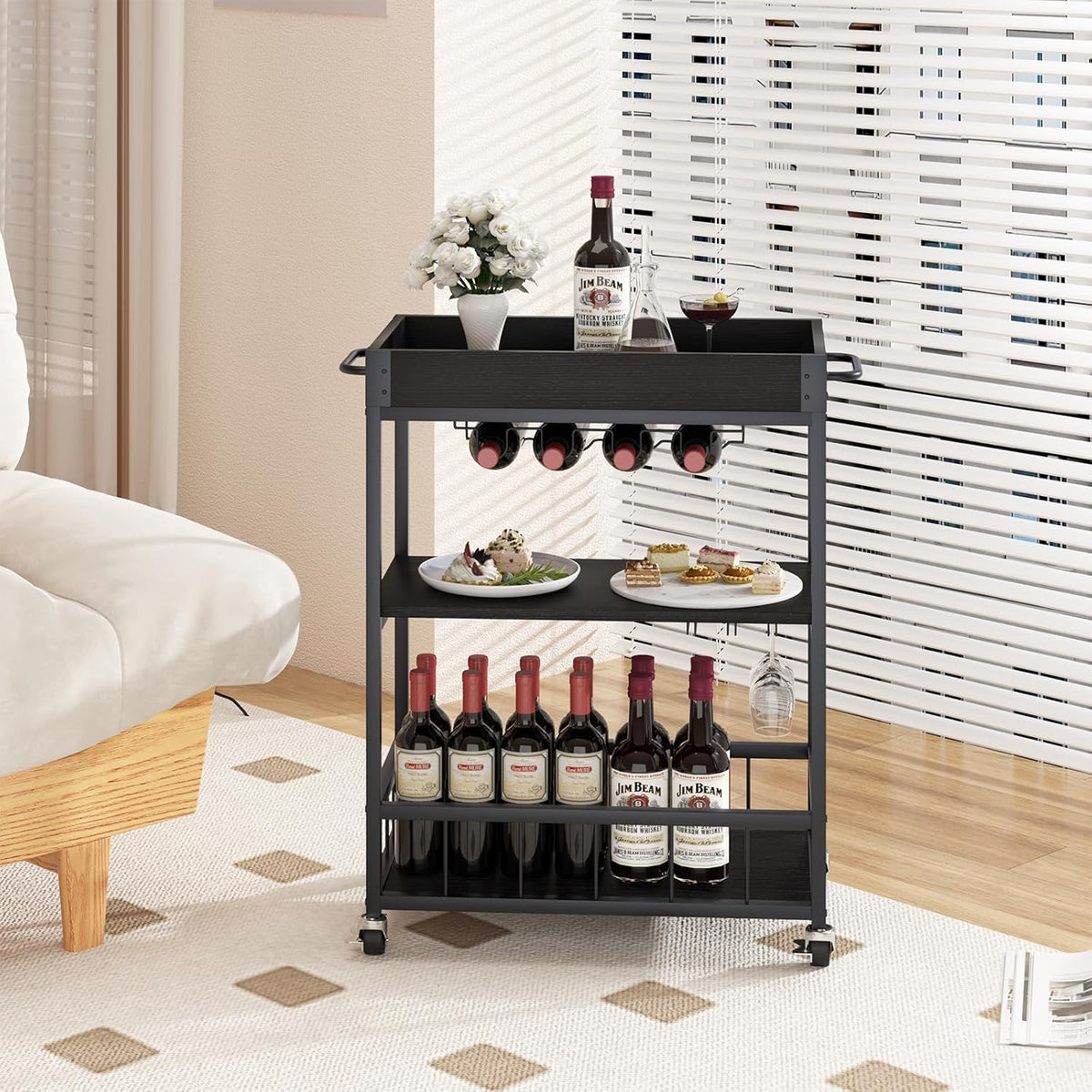 Bar Cart Serving Wine 3 Tier Home Rolling Rack with Wheels Mobile Kitchen Industrial Vintage Style