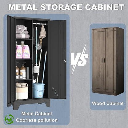Metal Storage Cabinet with Locking Doors, 61" Tall Garage with Hanging Rod, Broom Closet