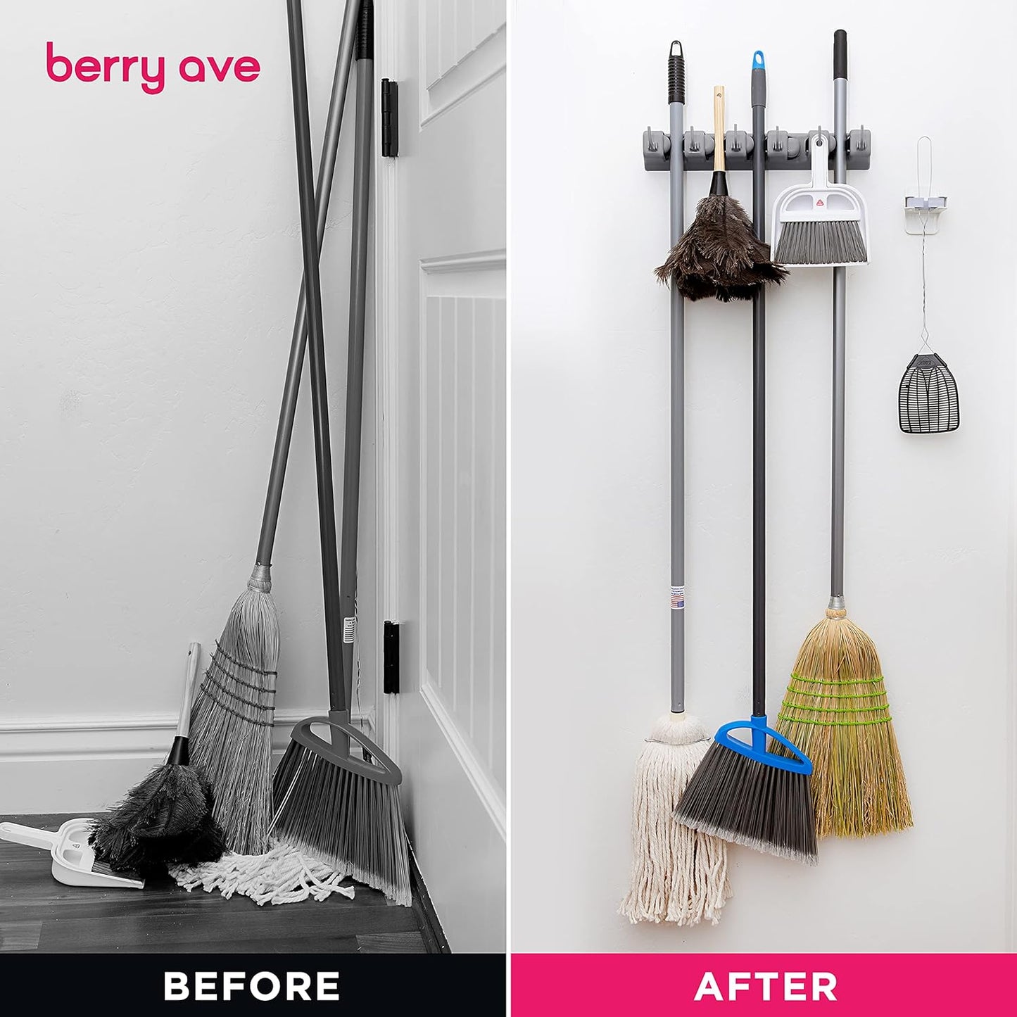 Berry Ave Broom Holder Wall Mount and Garden Tool Organizer, Closet Storage, Kitchen Rack, Home