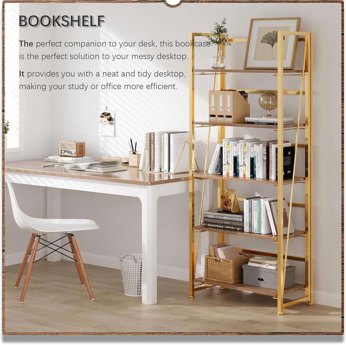 4NM No Assembly Foldable Bookshelf, 5-Shelf Collapsible Bookcase Storage for Small Spaces, 62.2" H