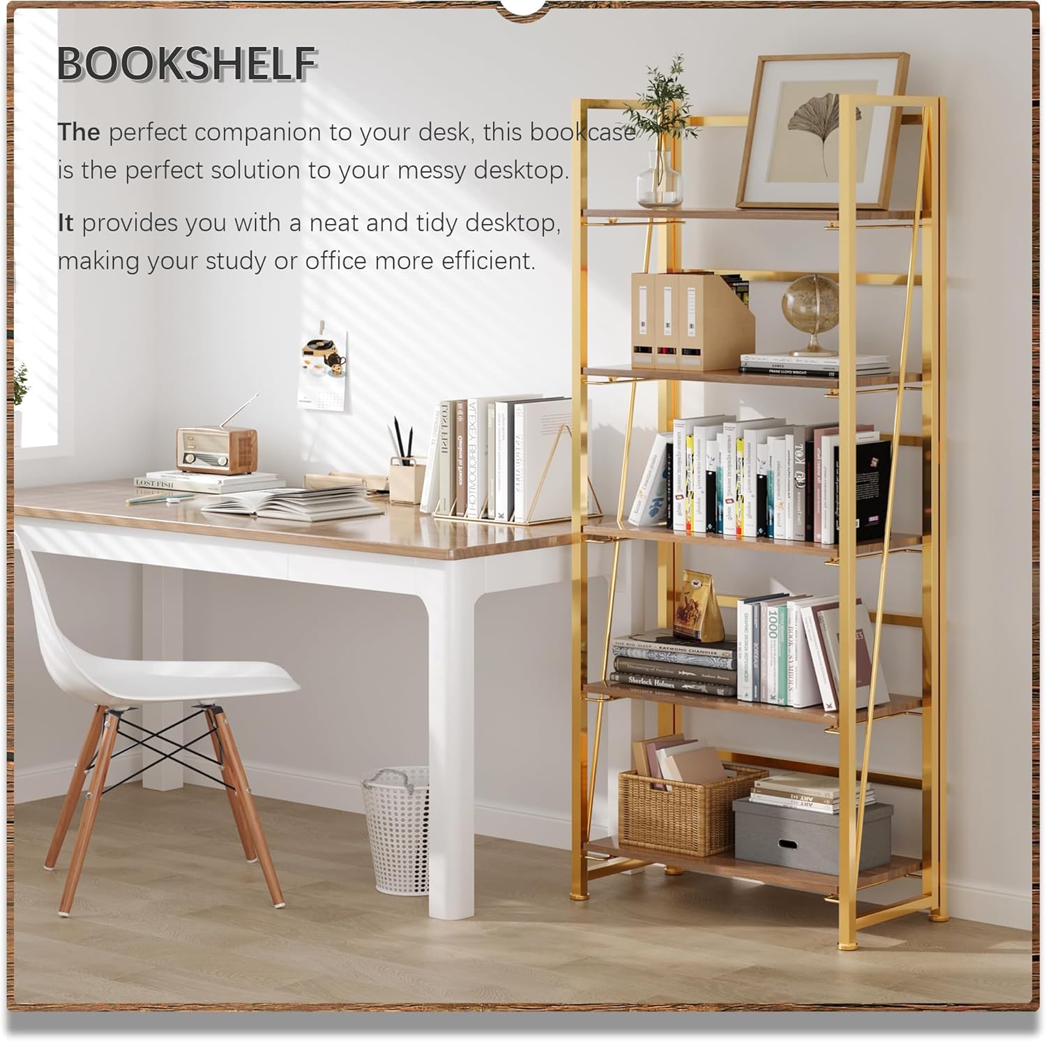 4NM No Assembly Foldable Bookshelf, 5-Shelf Collapsible Bookcase Storage for Small Spaces, 62.2" H