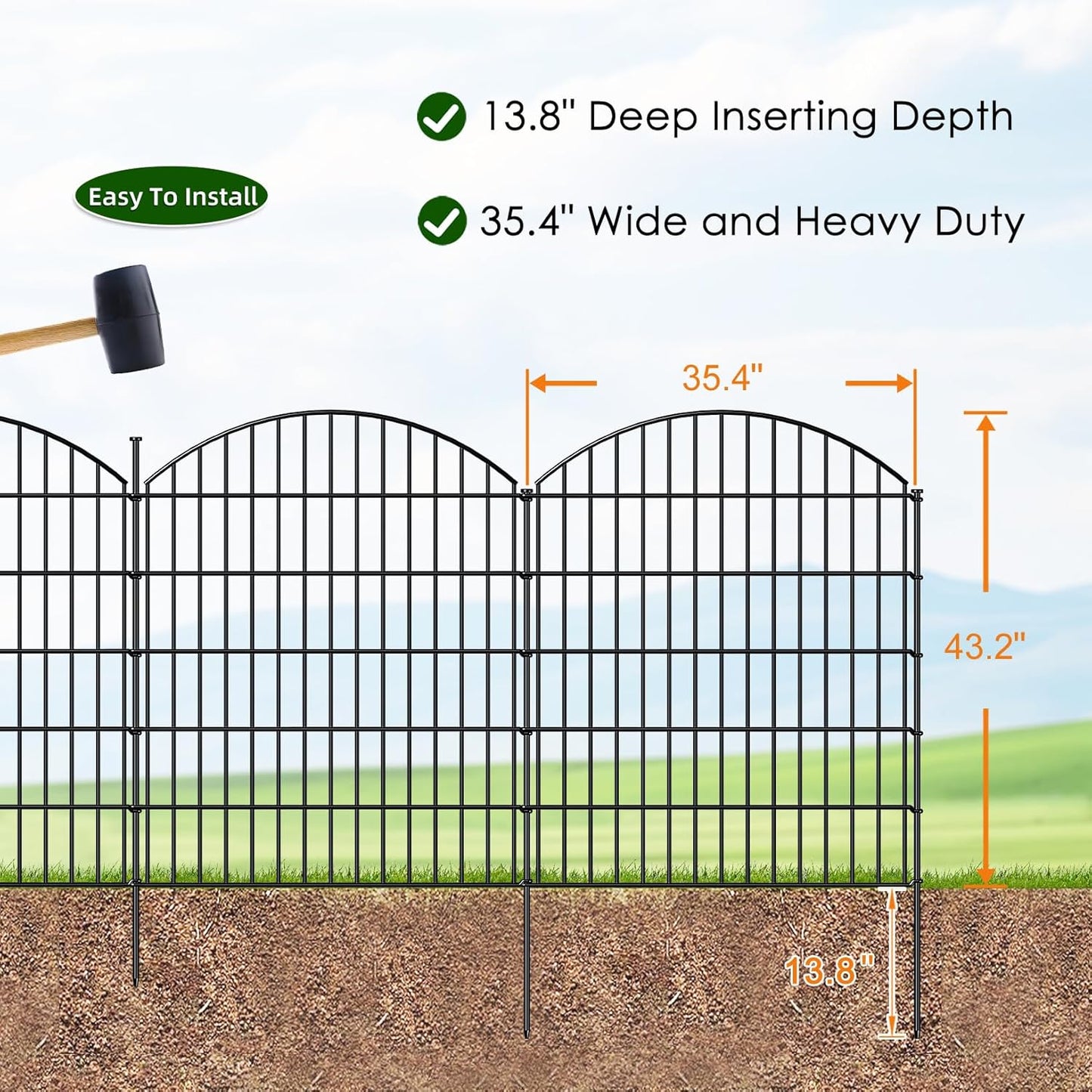Decorative Metal Garden Fence Outdoor CTW3643, 43.2in H x 14.75 ft L, No Dig Temporary Dog Fence