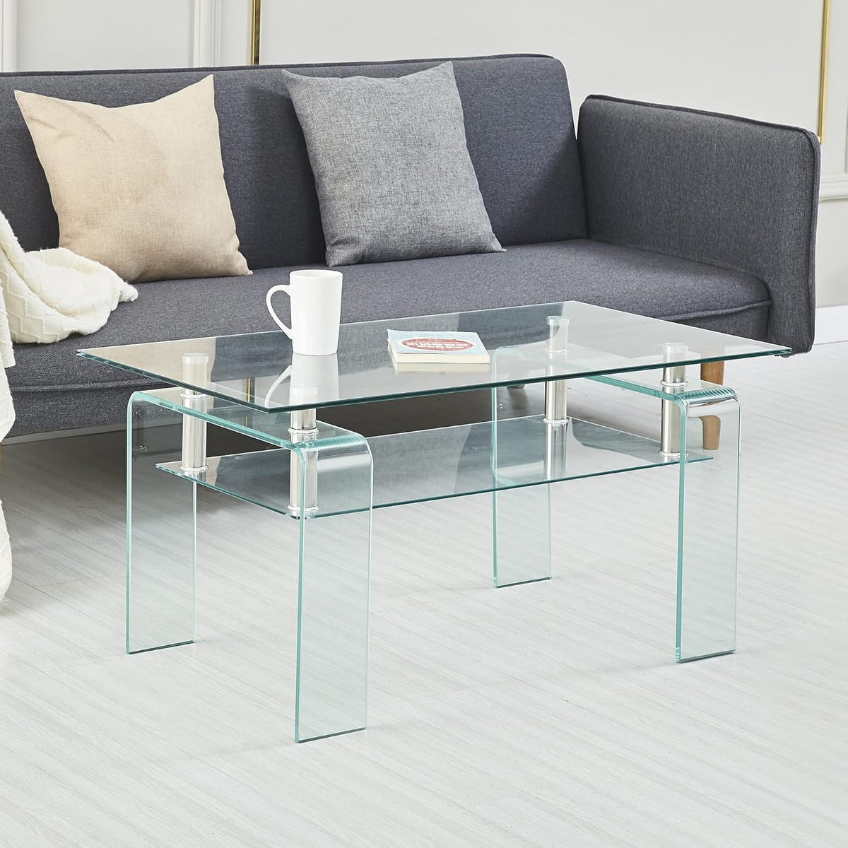 Glass Coffee Table for Living Room, Modern Rectangle All Tempered Glass Table 8mm Clear Transparent