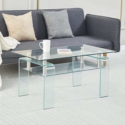 Glass Coffee Table for Living Room, Modern Rectangle All Tempered Glass Table 8mm Clear Transparent