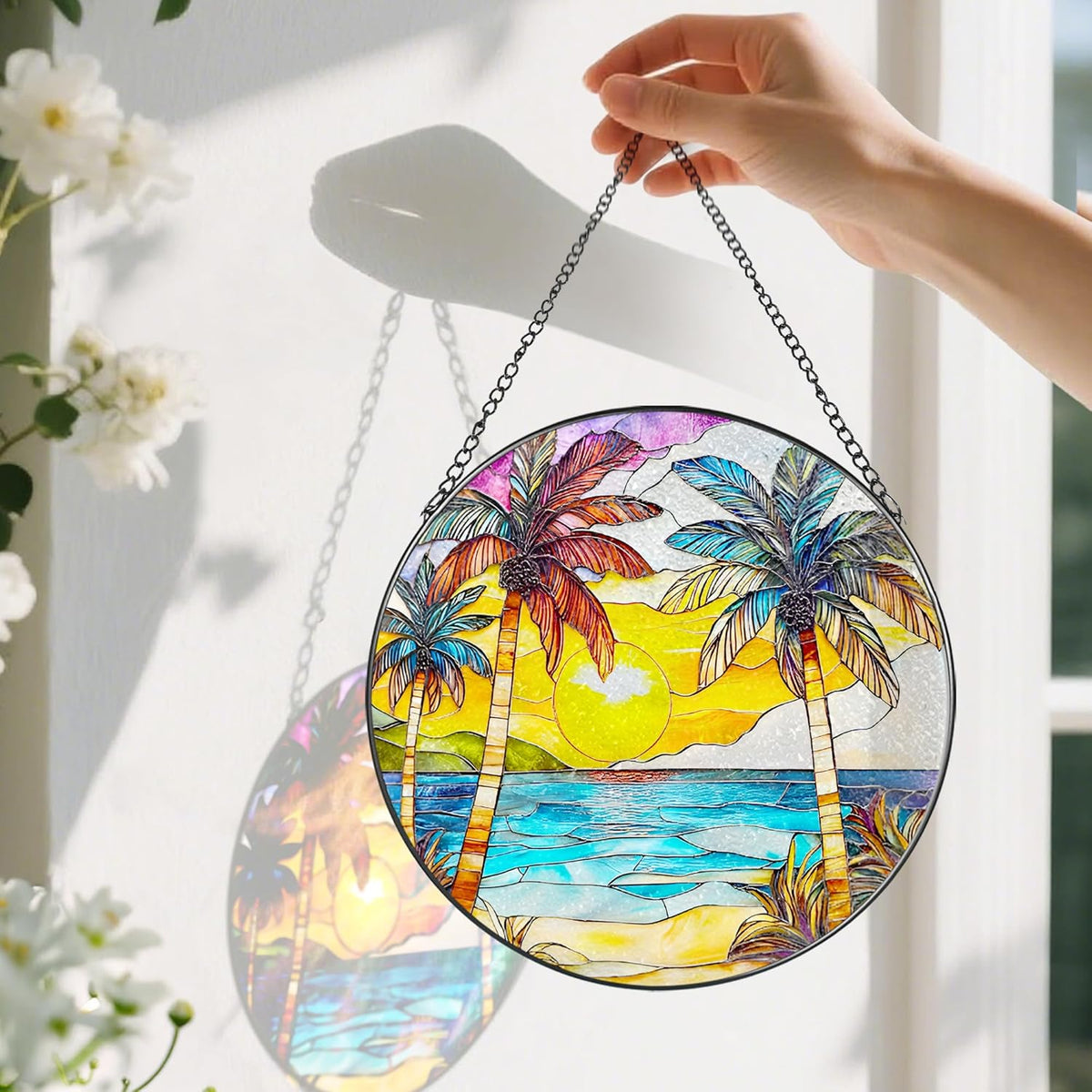 Stained Glass Window Hanging, 8 Inch Beach Sunset Stained Glass Suncatcher, Window Hanging Decor