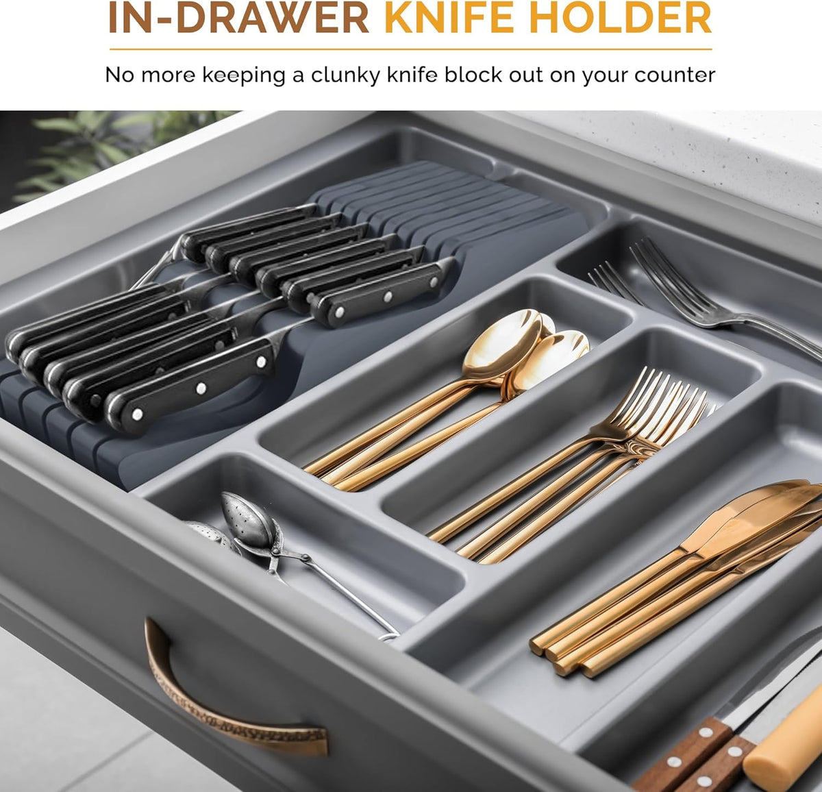 In-Drawer Knife Block - Bamboo Knife Drawer Organizer for Kitchen - Fits 5 Long + 6 Short Knives