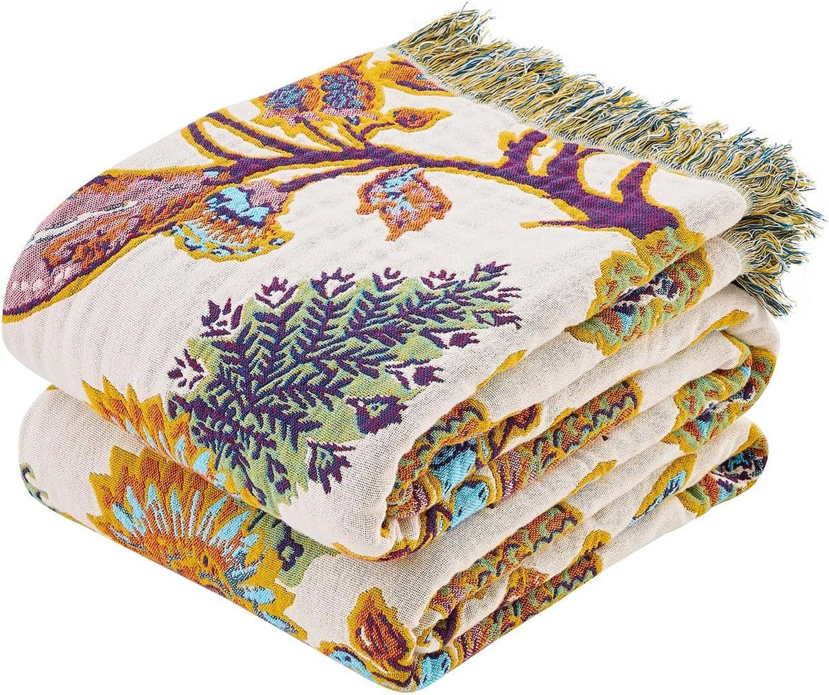 Boho Throw Blanket for Bed, 100% Cotton Soft Rustic Quilt Fall Blanket, 50"x60" Floral Printed
