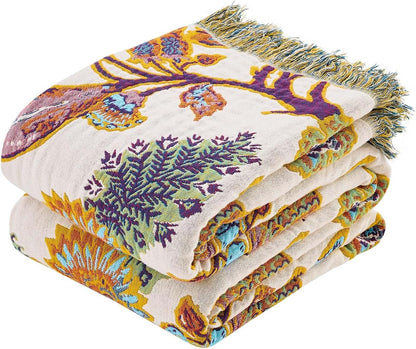 Boho Throw Blanket for Bed, 100% Cotton Soft Rustic Quilt Fall Blanket, 50"x60" Floral Printed