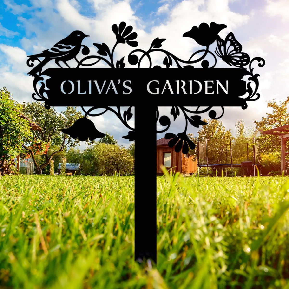 Customized Metal Birds and Flowers, Personalized Garden Sign with Stake, Gardening Decor for
