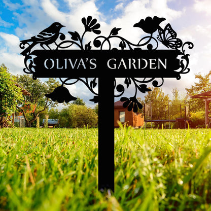 Customized Metal Birds and Flowers, Personalized Garden Sign with Stake, Gardening Decor for