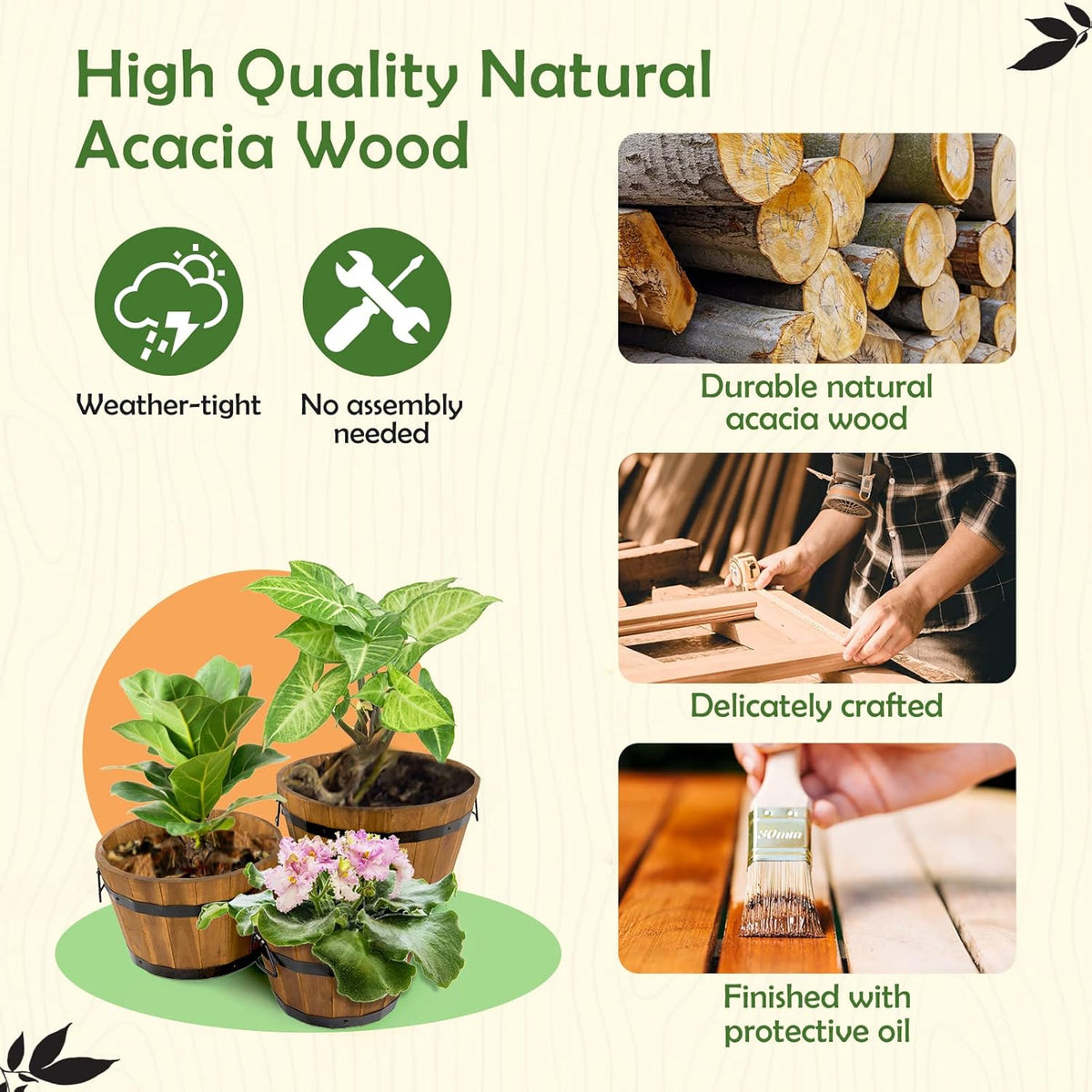 IDZO Set of 3 Wooden Flower Boxes Outdoor, Durable Acacia Wood Barrel Planters for Outdoor Plants