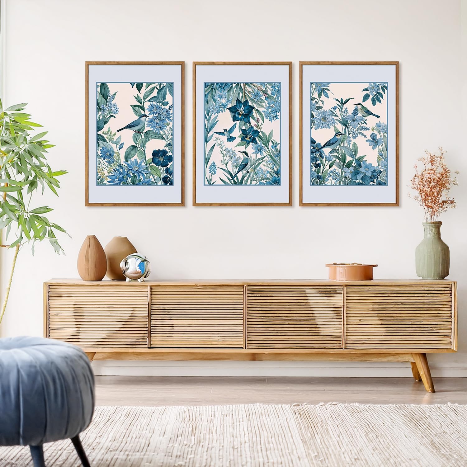Aurlan Vintage Blue Birds and Botanical Framed Wall Art(16"x24"), 3PCS Classic Chinoiserie Audubon