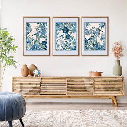 Aurlan Vintage Blue Birds and Botanical Framed Wall Art(16"x24"), 3PCS Classic Chinoiserie Audubon