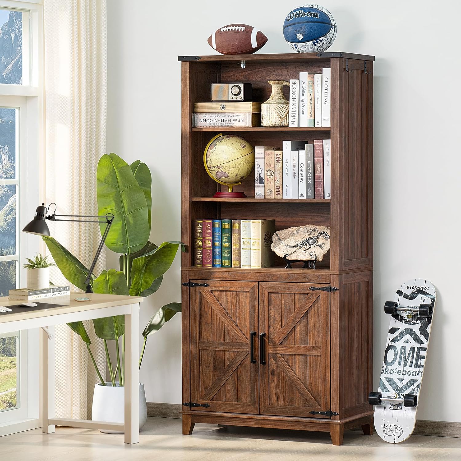 70in Tall Bookshelf 5 Tier Bookcase with Barn Doors and Adjustable Shelves, Brown Farmhouse Book
