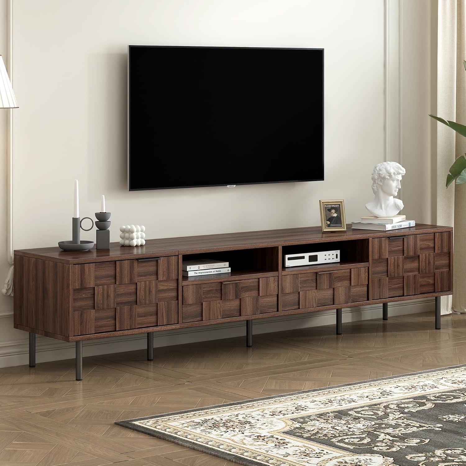 Modern TV Stand for TVs up to 85", Mid-Century Media Console with Checkered Cabinet Doors, Storage