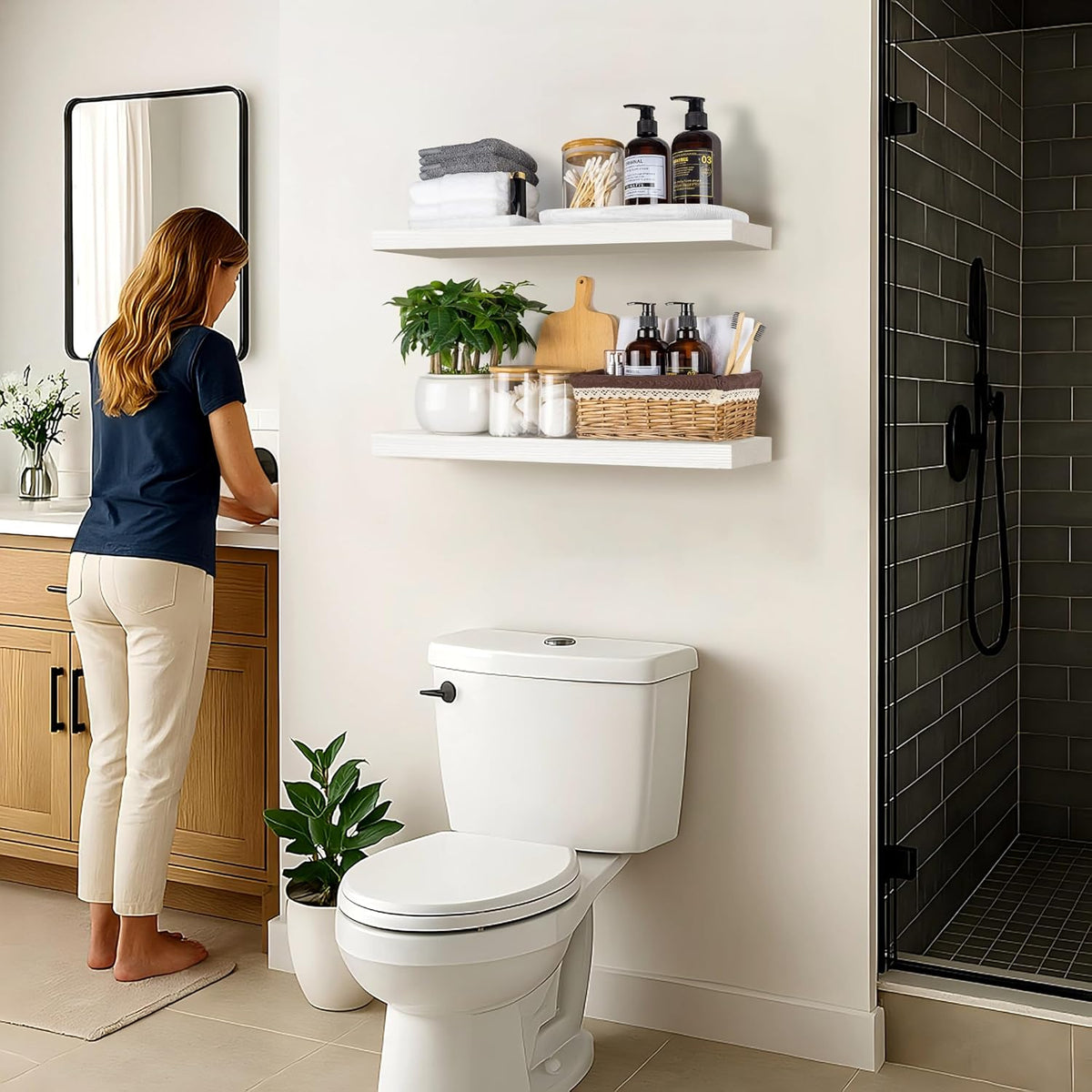 BGMG Wood Floating Shelves 24 inch Long,Rustic Solid Wooden Deep Wall Shelves for Bathroom Living