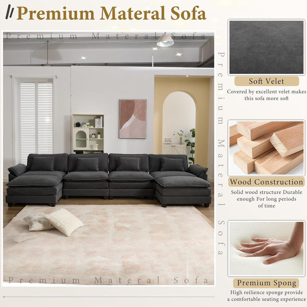 URRED Modular Sectional Sofa Comfy Cloud Couch, Modern Velvet Sofa Sleeper Deep Seat Couches with