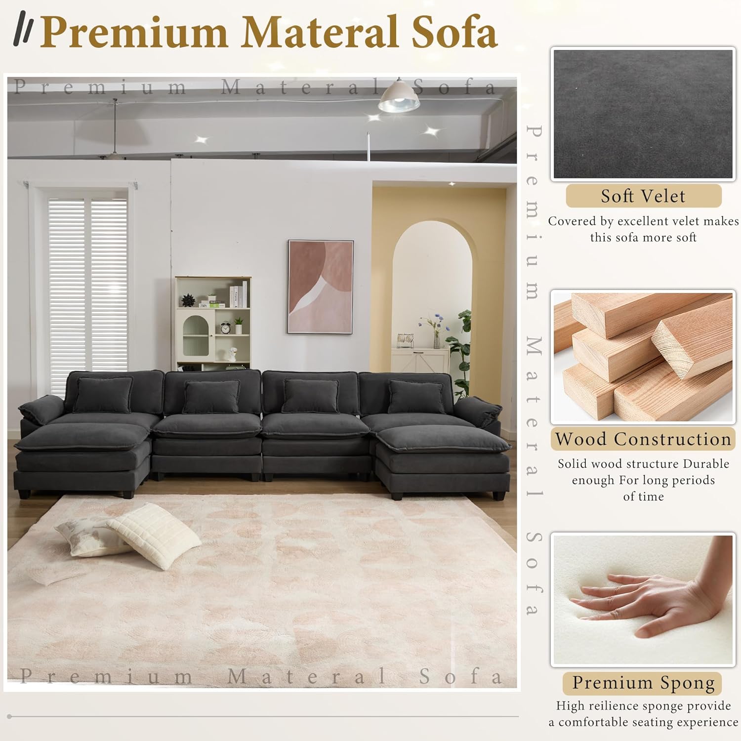 URRED Modular Sectional Sofa Comfy Cloud Couch, Modern Velvet Sofa Sleeper Deep Seat Couches with
