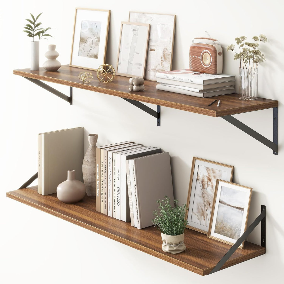 Floating Shelves 48 Inch Long, 10" Deep Floating Shelves, Walnut Wall Shelves 48 x 10, Set of 2